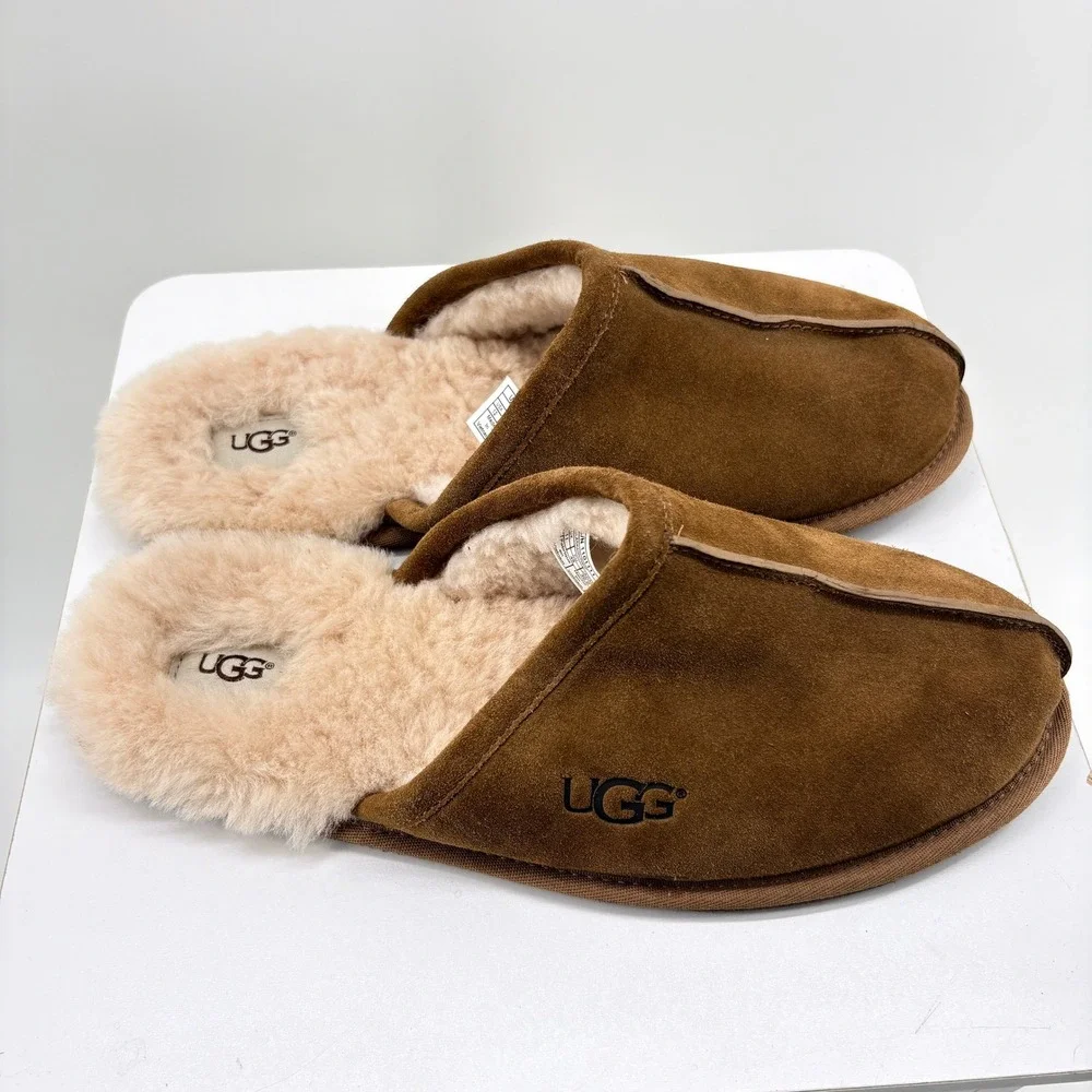 UGG Scuff Suede Slippers Chestnut Brown Sheepskin Lining Mens 12 1101111 Comfy
